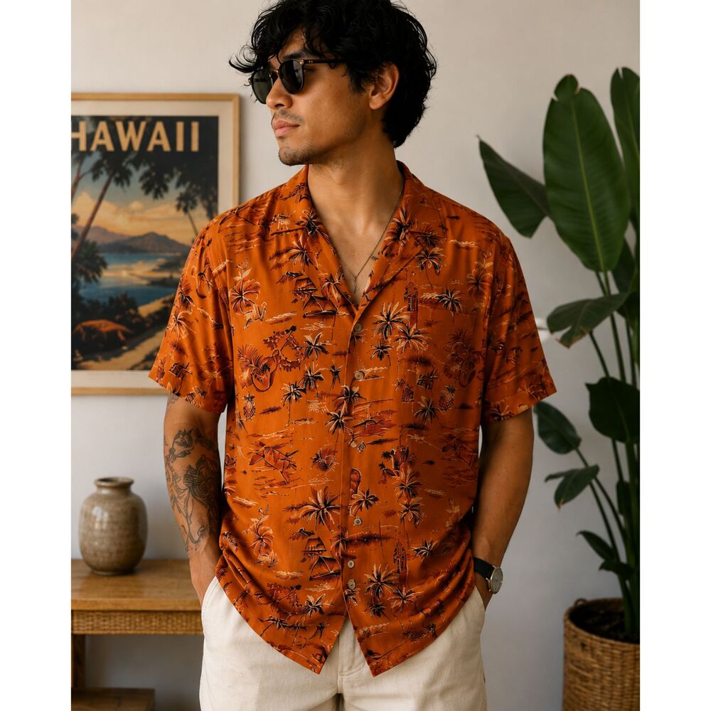 Vintage Two Palms Hawaiian Shirt Orange Rayon Aloha Shirt Tropical Print Large